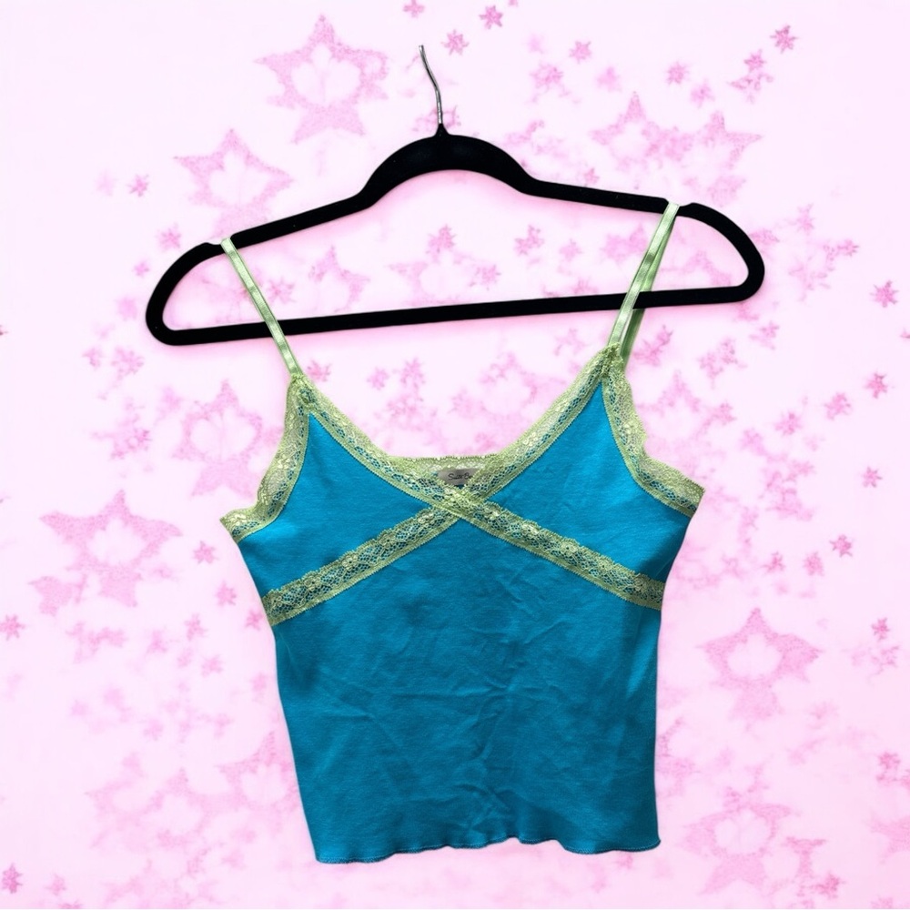 Blue and Green Cropped Lace cami y2k